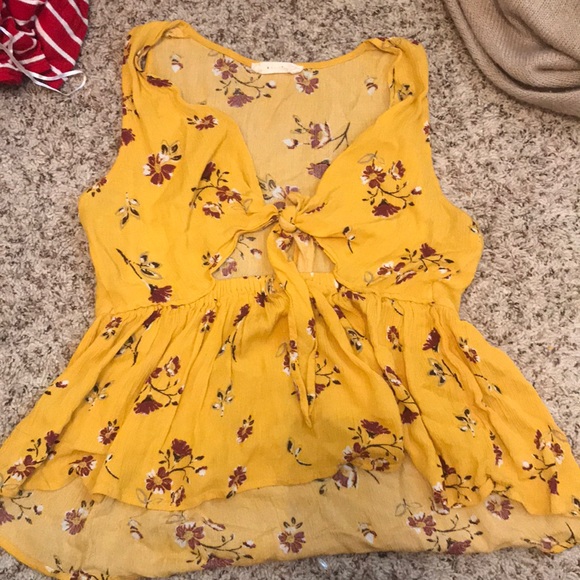 yellow floral tie front top